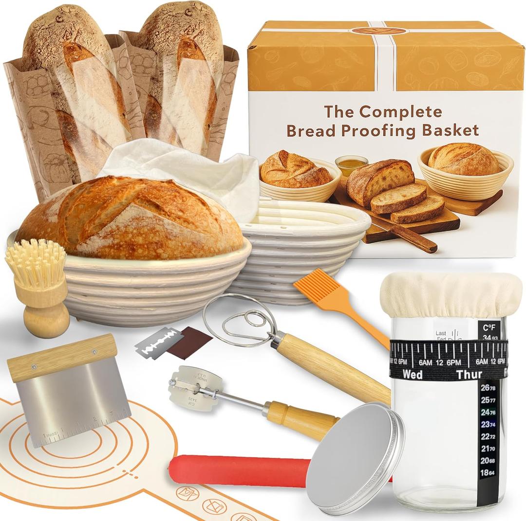 ARHY Sourdough Starter & Bread Baking Kit – 700ml Wide-Mouth Fermentation Jar + Round & Oval Rattan Bannetons – Complete Tool Set with Online Recipe Guide
