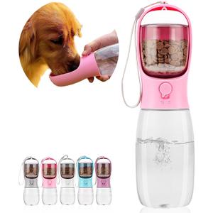 Dog Water Bottle,Portable Pet Water Bottle with Food Container,Outdoor Portable Water Dispenser for Cat,Puppy,Pets for Walking,Hiking,Travel,Puppy Essentials,Dog Stuff(19oz) (Pink)