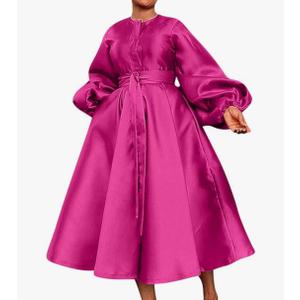 Women Satin Dress Casual Fashion Lantern Long Sleeve Belted Button A Line Long Dresses Flowy Maxi Dress M