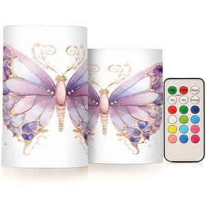 ALAZA Purple Butterflies Flickering Flameless Candles Battery Operated with Remote Timer,Tea Light Candles LED Pillar Votive Candles Set of 2 for Outdoor Indoor Decorations