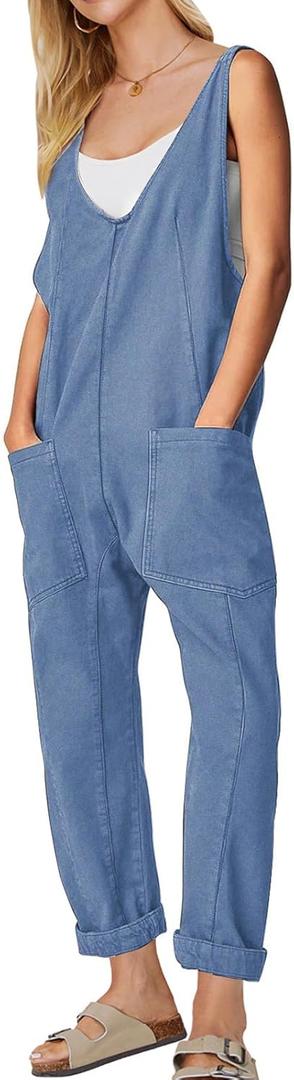 EXLURA Women Summer High Roller Denim Jumpsuits Casual Loose Beach Vacation Trendy Fashion Overalls Jeans Romper Pockets 2025 (Small, Denim Light Blue)