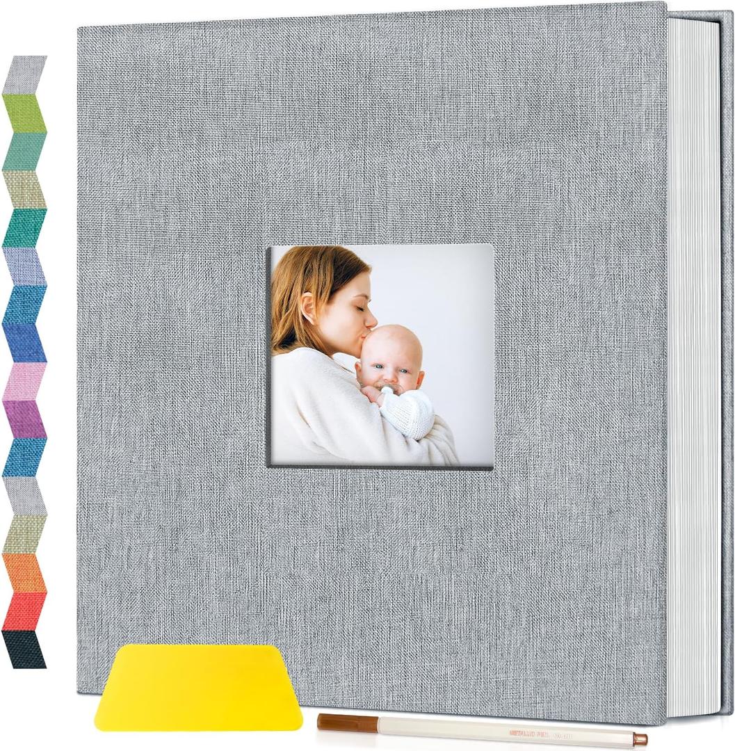 popotop Photo Album Self Adhesive with Picture Display Window,40 Pages DIY Scrapbooking Supplies Kit for 4x6 10x12 Picture,Linen Cover Memory Book for Baby Wedding, with Scraper and Metallic Pen (Gray)