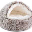 NOYAL Round Hooded Donut Dog Bed for Small & Medium Pets - Plush Fluffy Anti-Anxiety Cat Cave Bed with Cover (Gradual brown)