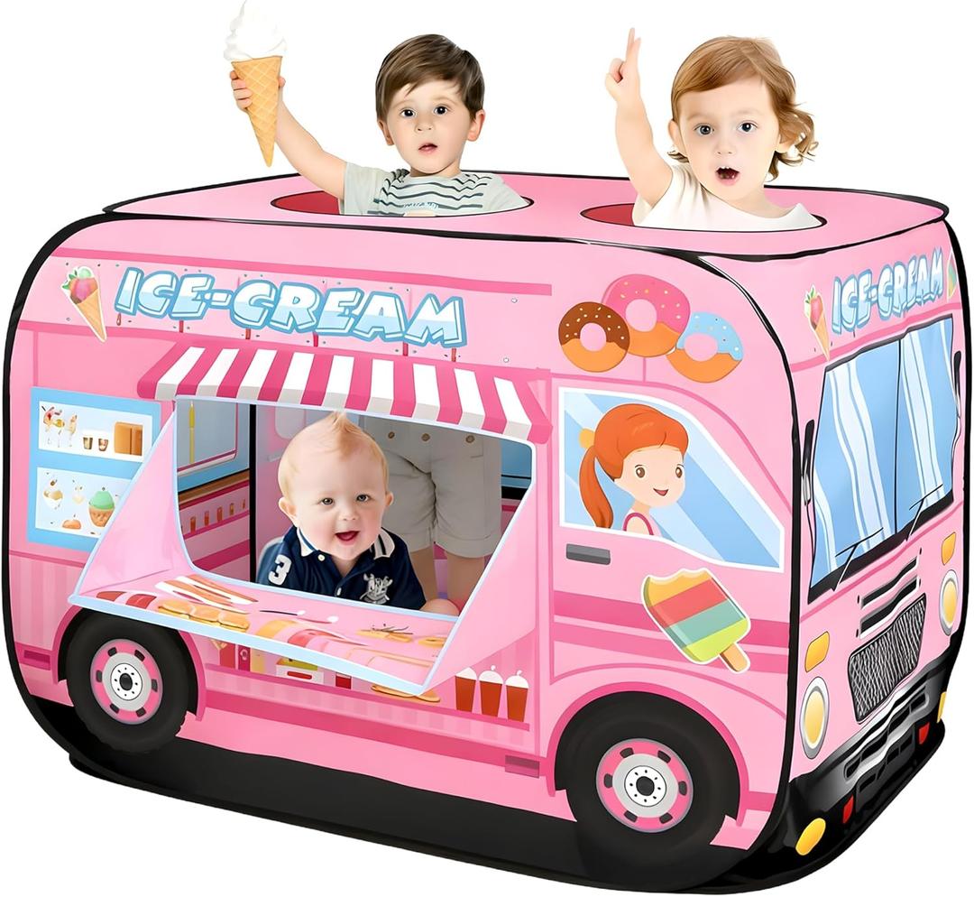 Pop Up Play Tent for Kids - Foldable Indoor & Outdoor Playhouse Vehicle Toys for Toddlers, Boys and Girls - 2 Openings, Flat-Folding for Compact Storage (Ice Cream Car,Pink)