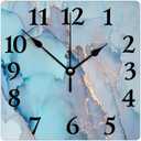 Square Wood Wall Clock Abstract Blue and Gold Texture Non-Ticking Battery Operated Wall Clock Shabby Chic Wood Clock Suitable for Living Room Bathroom Dining Room Wall Decor 10 Inch