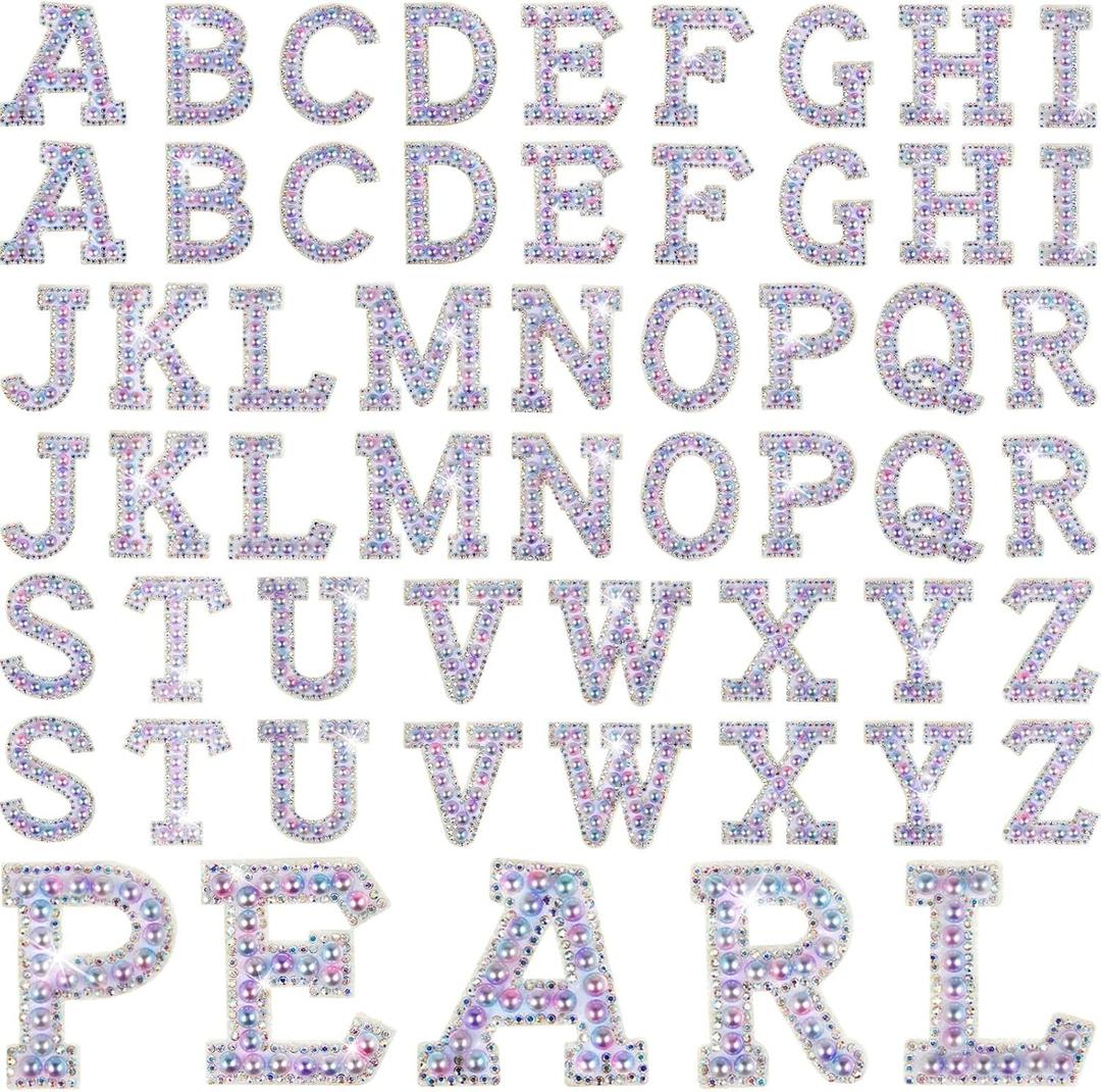 52 Pcs Self Adhesive Pearl Rhinestone Letter Patches Rhinestone A-z Glitter Pearl Sew on Patches Bling Letter Sticker Appliques Fabric Craft for DIY Clothes Bags Hats(Delicate Style)