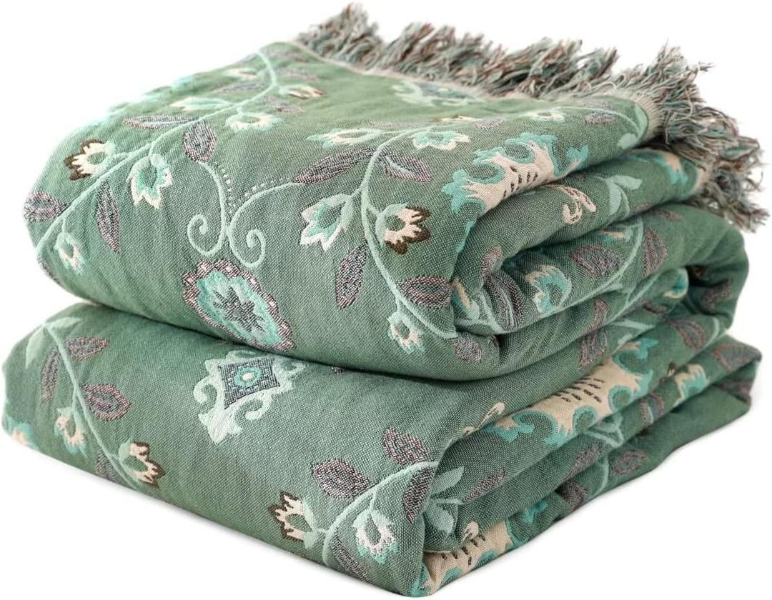 LUTBM Boho Throw Blanket for Bed 100% Cotton Ultra Soft Rustic Quilt Summer Blanket Floral Printed Farmhouse Decor Bed Blankets,80"x90" All Season Rustic Throw for Sofa Couch Chair