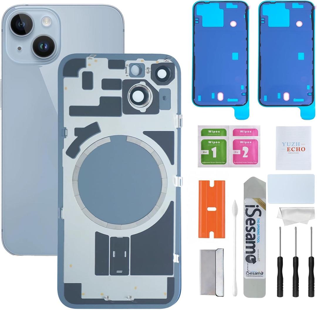 Back Glass Replacement for iPhone 14 (6.1 inches,Blue) Integrated Glass & Magnet & Metal Phase Ring Repair Tools are Included