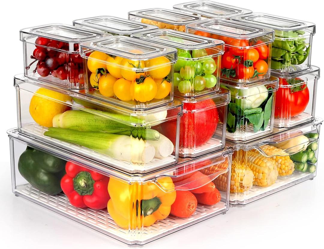 14 Pack Fridge Organizer, Stackable Refrigerator Organizer Bins with Lids, BPA-Free Fridge Organizers and Storage Containers for Fruit, Vegetable, Food, Drinks, Cereals, Clear