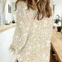 Dokotoo Women's Casual V Neck Alicia Floral Print Roll Up Long Sleeve Chiffon Button Down Blouses Bohemian Top Shirts (Beige, L)