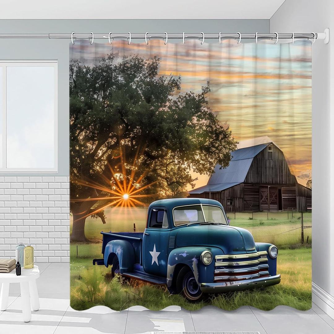 Vintage Blue Truck Shower Curtain Rustic Log Cabin Barn Old Car Sunset Scenic Tree Farmhouse Retro Country Landscape Bathroom Decor Polyester with Hooks 70 x 70 in