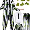 Halloween Black and White Striped Blazer Suit for Men Tie Shirt Green Face Sticker Outfit Costume (L)