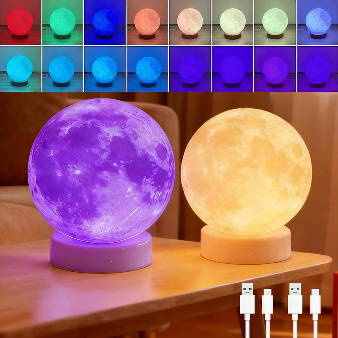 Buroraix Moon Lamp 3D Printing LED Light, Home Bedroom Decor, Moon Globe lamp, Cute Touch Small Night Light, Adults Romantic Atmosphere Table Lamps, Gifts for Christmas (RGB-16 Colors/ 2 Pack, 4.7inch)