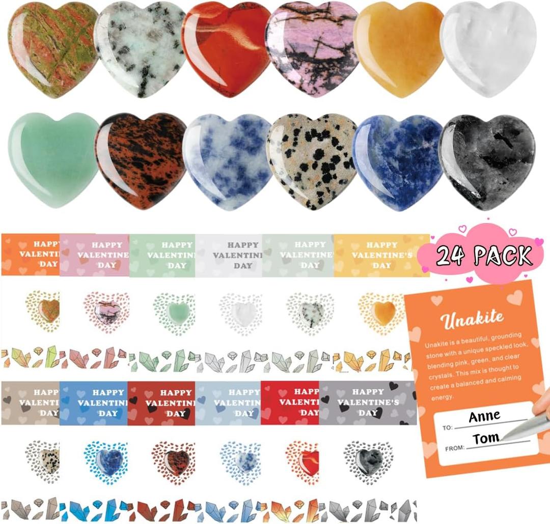 24Pack Valentines Day Cards for Kids School, Valentines Day Gifts For Kids Classroom with Heart Gemstones, Valentine Rock Crystal Exchange Gift Party Favor for Girls Boys School Class