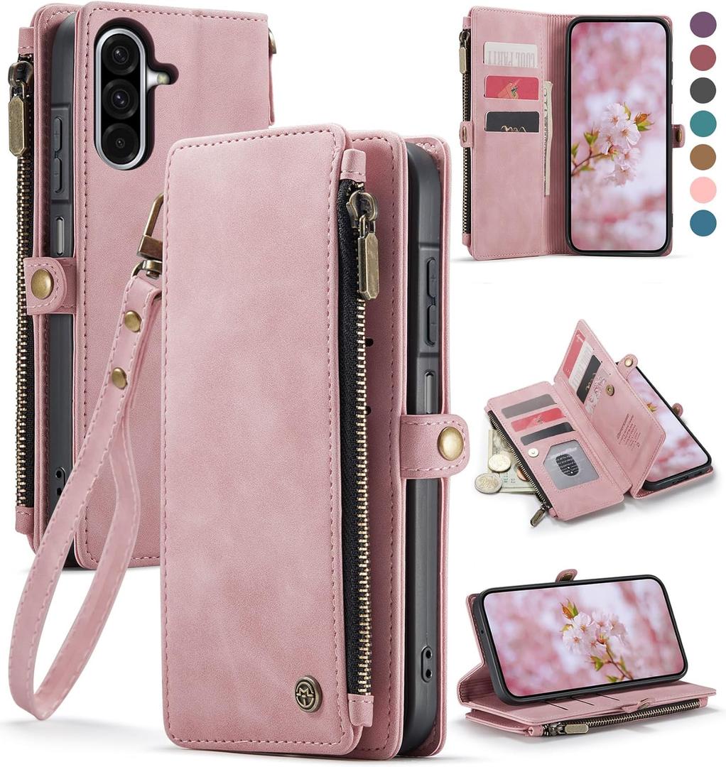 Defencase for Samsung Galaxy A17 5G Case Wallet with RFID Blocking Card Holder for Women and Men, PU Leather Magnetic Snap Flip Zipper Strap Wallet Phone Case for Galaxy A17 5G 6.7", Rose Pink