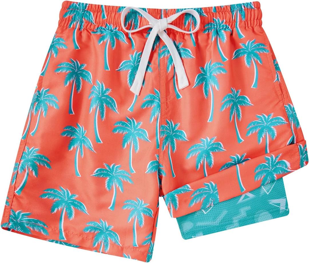 Cozople 7-20T Boys Swim Trunks with Compression Liner Big Boys Quick Dry Bathing Suit Stretch 2 in 1 Beach Swimming Shorts (Flesh Pink)