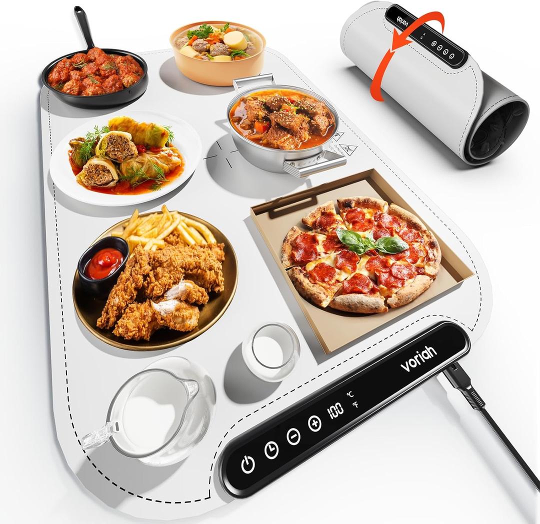 Warming Mat for Food, Voriah Electric Warming Tray with 99H Timer & 8 Temperature Settings, Foldable Food Warmer with C/F Switch, Keeps Food Warm at Buffets, Sabbath, Family Gatherings(White) (L-24*16'')