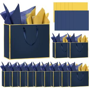 Epoesch 12 Pack Navy Blue Gift Bags with Handles  Includes 24 Tissue Paper  11.8"x10"x4"  Elegant 5 Senses Gift Bags for Wedding, Bridesmaids, Groomsmen, Guests, Valentine's Day, Easter (Navy Blue, Gold)