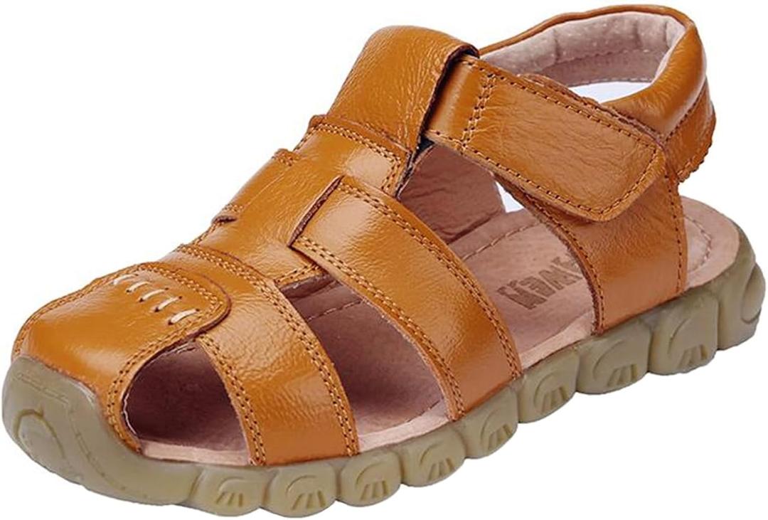 DADAWEN Boy's Girl's Leather Closed Toe Outdoor Sport Sandals (T2 Little Kid) (Yellow)