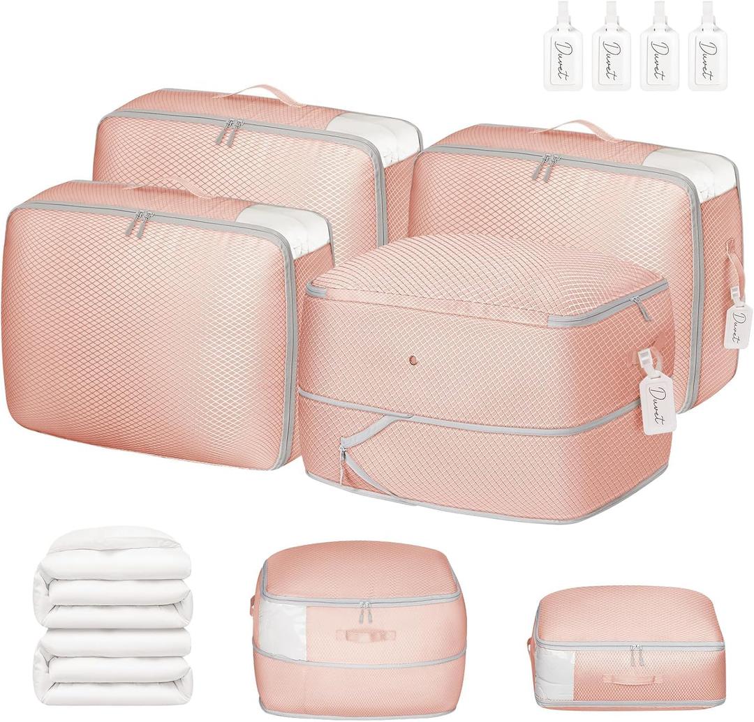 DIMJ Comforter Storage Bag 4 Pack - Blanket Storage Organizer Compression Bags, Large Capacity Ultra Space Saving Self Compression Organize for Bedding, Pillow, Duvet, Sheet Storage with Zipper Window (Pink)