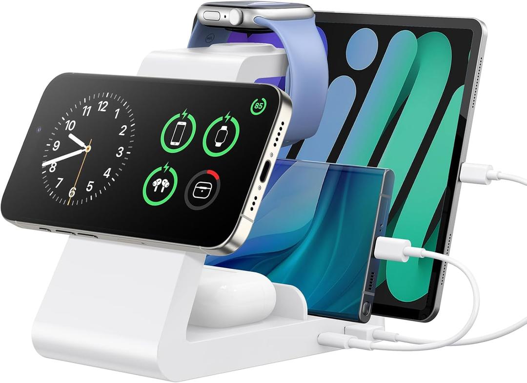 Charging Station for iPhone,5 in 1 Wireless Charger Stand Dock for Apple: Mag-Safe Charging Station for Multiple Devices Apple iPhone 17 16 15 14 13 12 Pro Max Plus Apple Watch iWatch Magnetic (White)