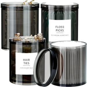 SheeChung 4-Pack Black Stackable Apothecary Jars - (10oz & 12oz) Mixed Sizes Qtip Holder - Modern Industrial Bathroom Accessories Decor with Storage Lids - Translucent Black