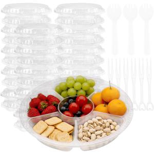 30 Pack 12 Inch Plastic Appetizer Tray with Lid, 6 Sectional Round Plastic Divided Serving Tray with 200 Forks and 100 Spoon-Forks, Disposable Food Party Platters for Snack,Fruit,Vegetable