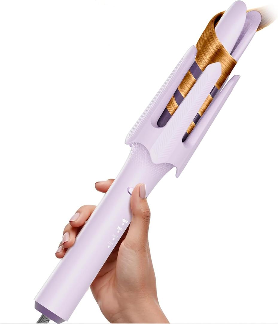 Auto Rotating Hair Curler - 4 Temperature and Timer Settings, Automatic Curling Iron with Automatic Shut-Off, Anti-Tangle and Scalding, Curling Wand for Long Lasting Curls (Purple)