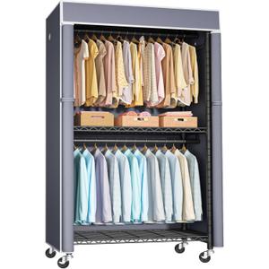FUTASSI Black Clothing Rack with Grey Cover, P1C Rolling Closets with Wheels, Metal Garment Rack for Hanging Clothes, Clothing Storage Wardrobe, 36.2" W x 16.5" D x 80.5" H, Load 450 Pounds