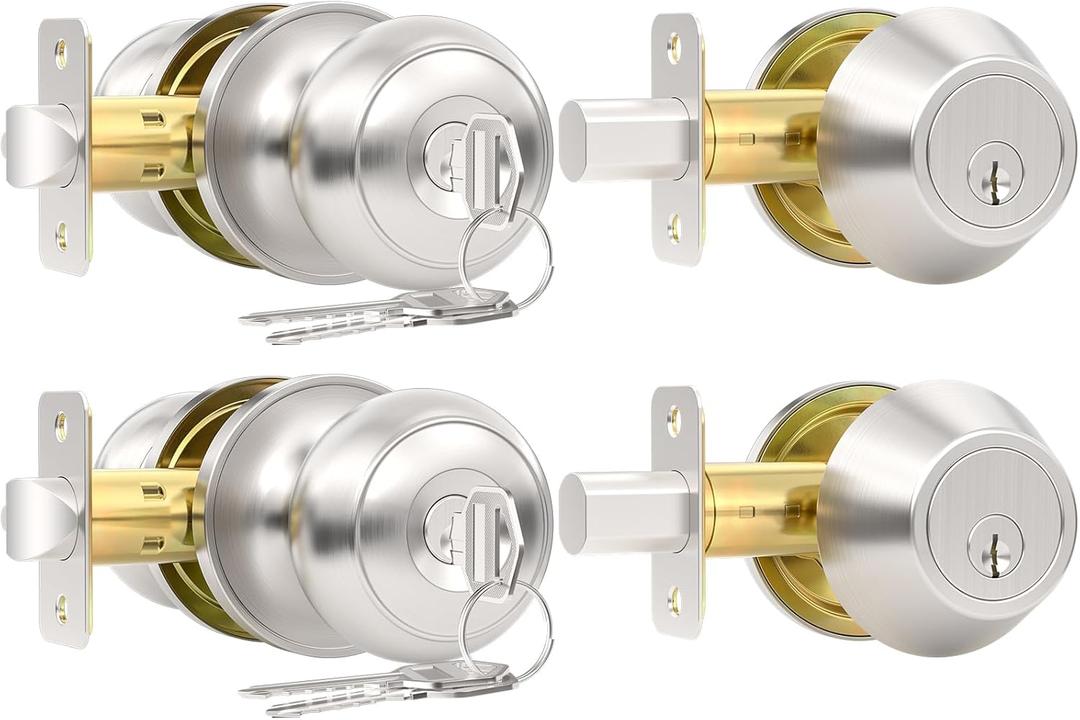 2 Pack Front Door Lock Set, Keyed Alike Exterior Door Lock Set with Deadbolt, Single Cylinder Deadbolt Lock and Entry Door Knob Set,Round Ball Brushed Nickel Door Knobs with Lock and Keys