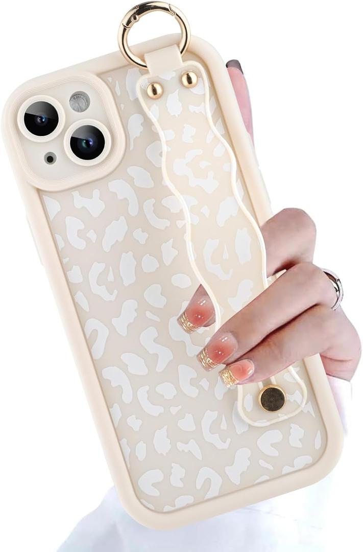 LSL Compatible with iPhone 15 Plus Case, Silicone Leopard Cheetah Phone Case for Women Girls, Wristband Kickstand Camera Protective Shockproof Slim Cover 6.7inch, White Leopard