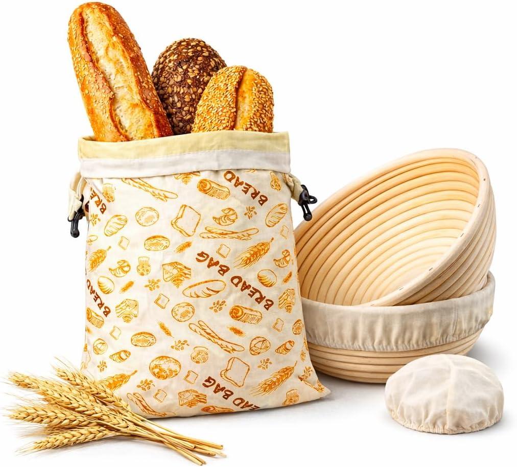 Banneton Bread Proofing Basket 9 Inch Round with Linen Liner & 16x13 XL Reusable Beeswax Bread Bag Sourdough Proofing Basket, Banneton Basket, Large Bread Storage Bag