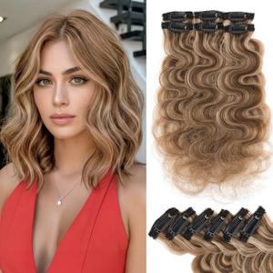 Short Hair Extensions Clip ins,S-noilite Short Clip in Hair Extensions Real Human Hair,Wavy Mini Hairpieces for Add Volume and Highlights,6 Pieces 31g 10 inch Medium Brown Mixed Dark Blonde