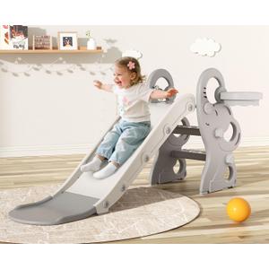 Babytronic Toddler Slide, Kids Indoor Outdoor Playset with Basketball Hoop & Ring Toss, Foldable Baby Plastic Slide, Outdoor Playground Climber Slide (Gray&White)