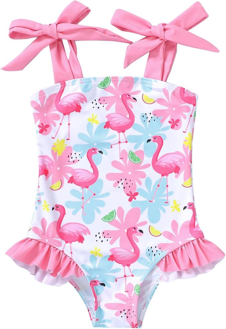 YOUNGER TREE Toddler Swimsuit Girl Color Block Stripe One-Piece Swimwear Baby Girl Bathing Suits (9-12 Months, Leaves + Flamingos)