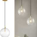 Minimalist Transparent Glass Ball Pendant Light in Gold Finish, Height Adjustable G4 LED Ceiling Haning Light for Dining Room & Living Room (9.8'')