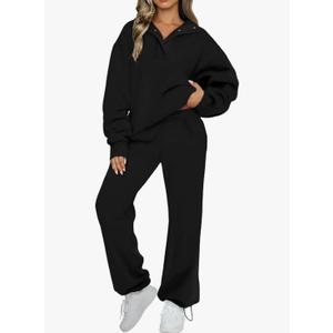 Aleumdr Womens 2 Piece Outfits Fleece Sweatsuit Lounge Set Snap Button Long Sleeve Sweatshirt with Wide Leg Sweatpants, Medium