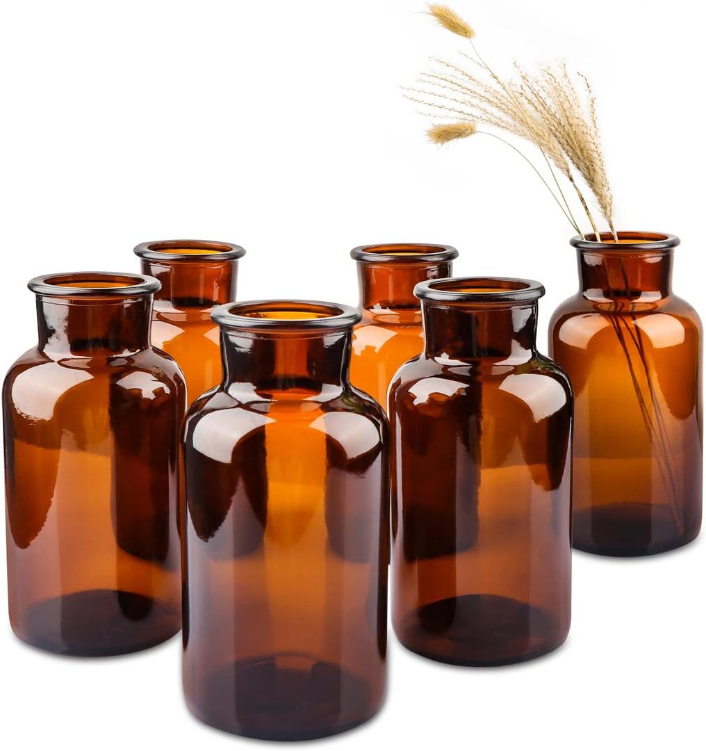 PINIWON Set of 6 Amber Bud Vases, Small Glass Vases, Vintage Medicine Bottles Apothecary Jars with Brush, Flower Vases for Home Decor, Wedding Centerpieces
