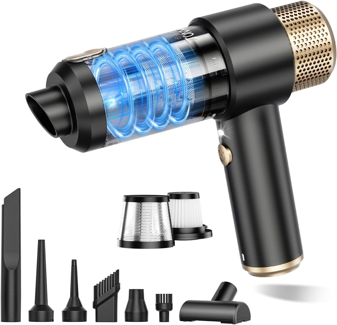 JONYJ Handheld Car Vacuum Cleaner, 16000PA Hand Held Vacuum Portable Cordless, 2 in 1 Air Duster and Vacuum Cleaner with LED Light, Multi-Nozzles, 120W High Power Mini Vacuum for Home, Pet, Office (Black & Gold)