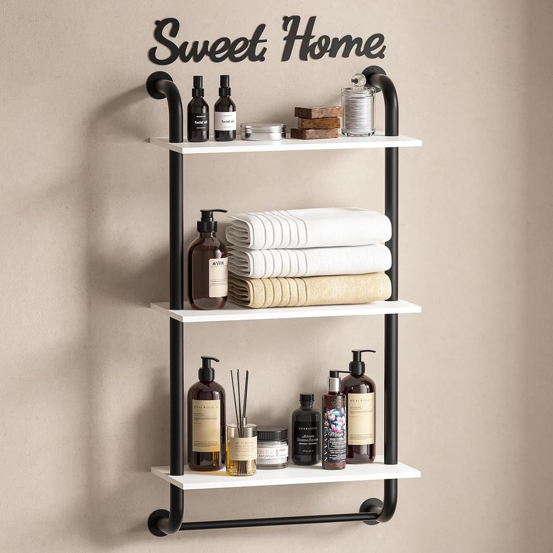 Tinpin Wall Shelves 3-Tier, Bathroom Shelves Over Toilet, Rustic Industrial Pipe Shelf, Farmhouse Bathroom Decor, Floating Shelf Wall Decor for Bedroom, Living Room 17.3 inch, White