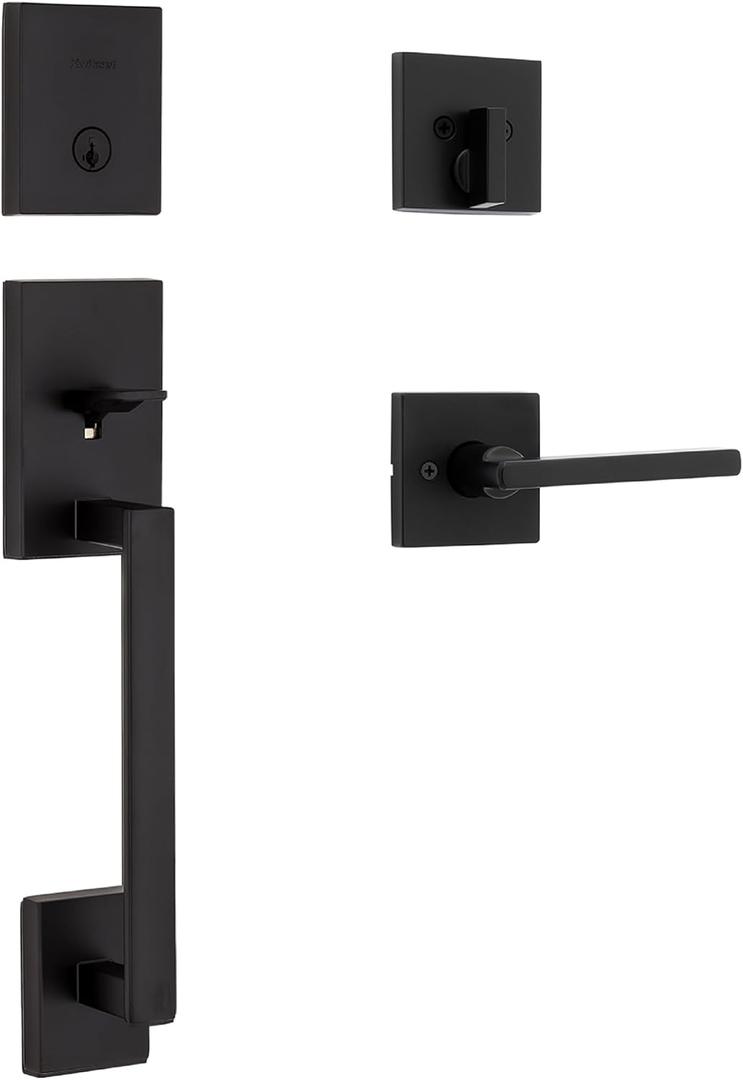 Kwikset San Clemente Front Door Lock Handle and Deadbolt Set, Entry Handleset Exterior with Interior Reversible Lever, Matte Black, Pick Resistant SmartKey Rekey Deadbolt Security