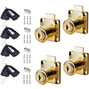 Cabinet Drawer Locks with Keys- XIEHE 138 Zinc Alloy Replacement Door Locker Keyed Alike 4 Pack Cylinder Diameter 0.75 Inch Gold Brass Plated