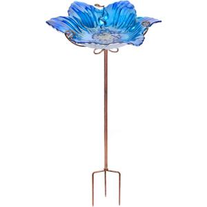 MUMTOP Bird Baths for Outdoors Glass Bird Bath Bowl Outdoor Bird Feeder Flower Pattern with Metal Stake for Garden, Yard and Lawn Decor(Blue)