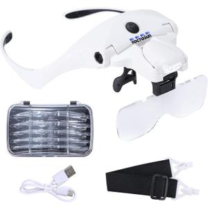 YOCTOSUN Magnifying Glasses with 4 LED Lights, Headband Magnifier with 5 Detachable Lenses 1X, 1.5X, 2X, 2.5X 3.5X -Rechargeable Hands Free Lighted Head Magnifier Glass for Crafts, Cross Stitch, Hobby