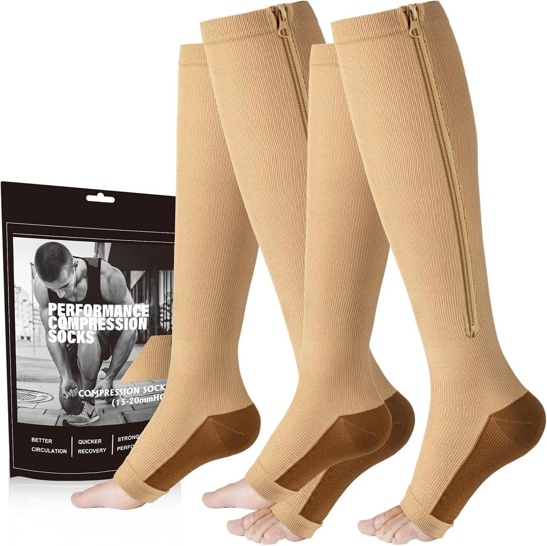 cerpite Zipper Compression Socks - 2 Pairs Open Toe Compression Stockings for Men Women 15-20mmHg,Suit for Running, Sport, S/M