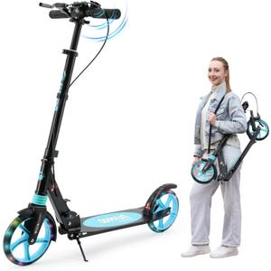 Scooter for Ages 8+ Teens and Adults Kick Scooter Foldable with Double Braking System Bells Adjustable Handlebars Kickstand Max Load 220 LBS 8" Big Wheels (Black)