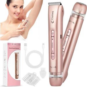2 in 1 Women Electric Shaver Dual Head Bikini Trimmer for Women IPX7 Waterproof Wet & Dry Use Body Hair Trimmer and Facial Hair Remover for Bikini Underarm Leg Arm Body Face (Gold)