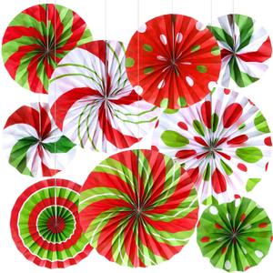 Outus Christmas Hanging Decorations Candy Paper Fans Peppermint Hanging Paper Fans Candy Cane Ceiling Wall Decor for Christmas Party Classroom Birthday Party (9 Pcs, Red and Green)
