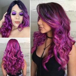 Sallcks Colorful Wig Synthetic Cosplay Costume Wigs for Women Long Curly Wavy Ombre Rose Red Mixed Purple Middle Part Wig for Halloween