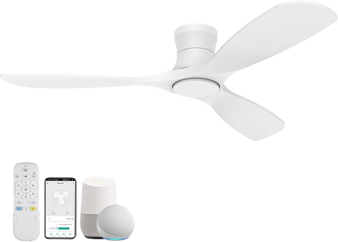 52 Wood Smart Flush Mount Ceiling Fans with Lights and Remote,Quiet DC Motor,Outdoor Indoor Ultra Low Profile Ceiling Fan works with Alexa WIFI APP,Modern White Ceiling Fan for Bedroom Patio